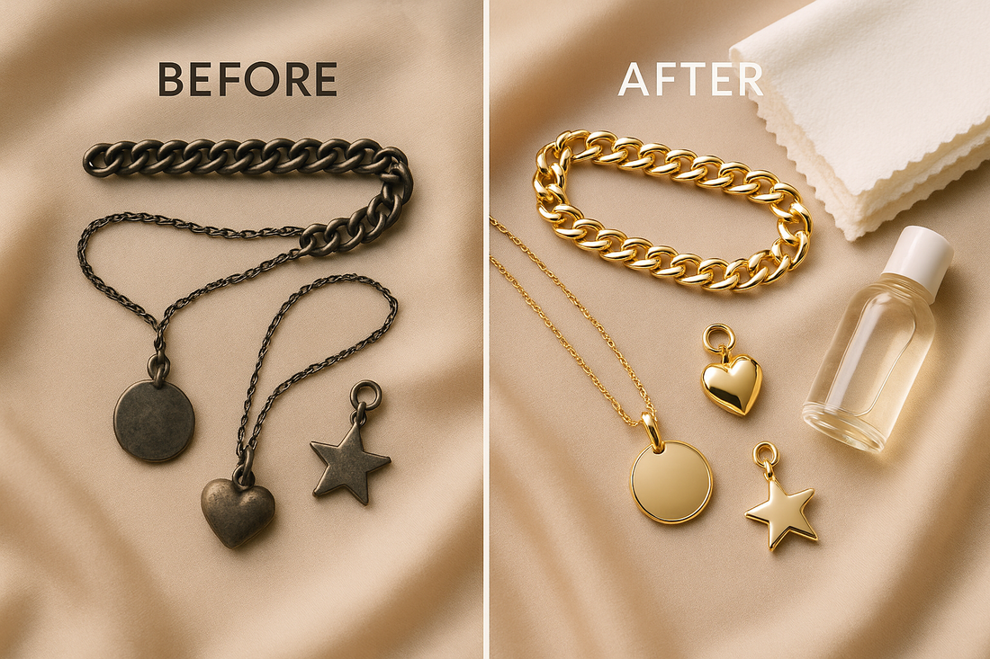 Comparison of jewellery tarnishes before and after cleaning showing dull and shiny gold pieces