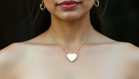 indian woman with Fair white skin colour and jawline wearing gold heart engraving pendant of size 20mm for sensitive skin with off shoulder top and extra big visible breast and visible cleavage not looking at the camera with natural lighting