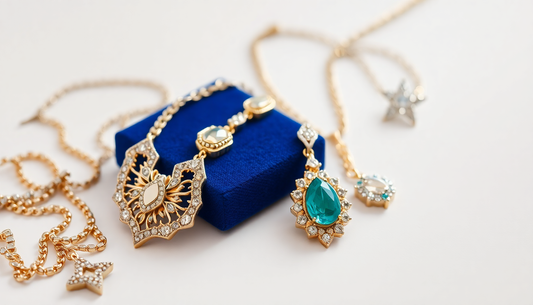 low quality cheap jewellery and high quality jewellery lying side by side with a separator