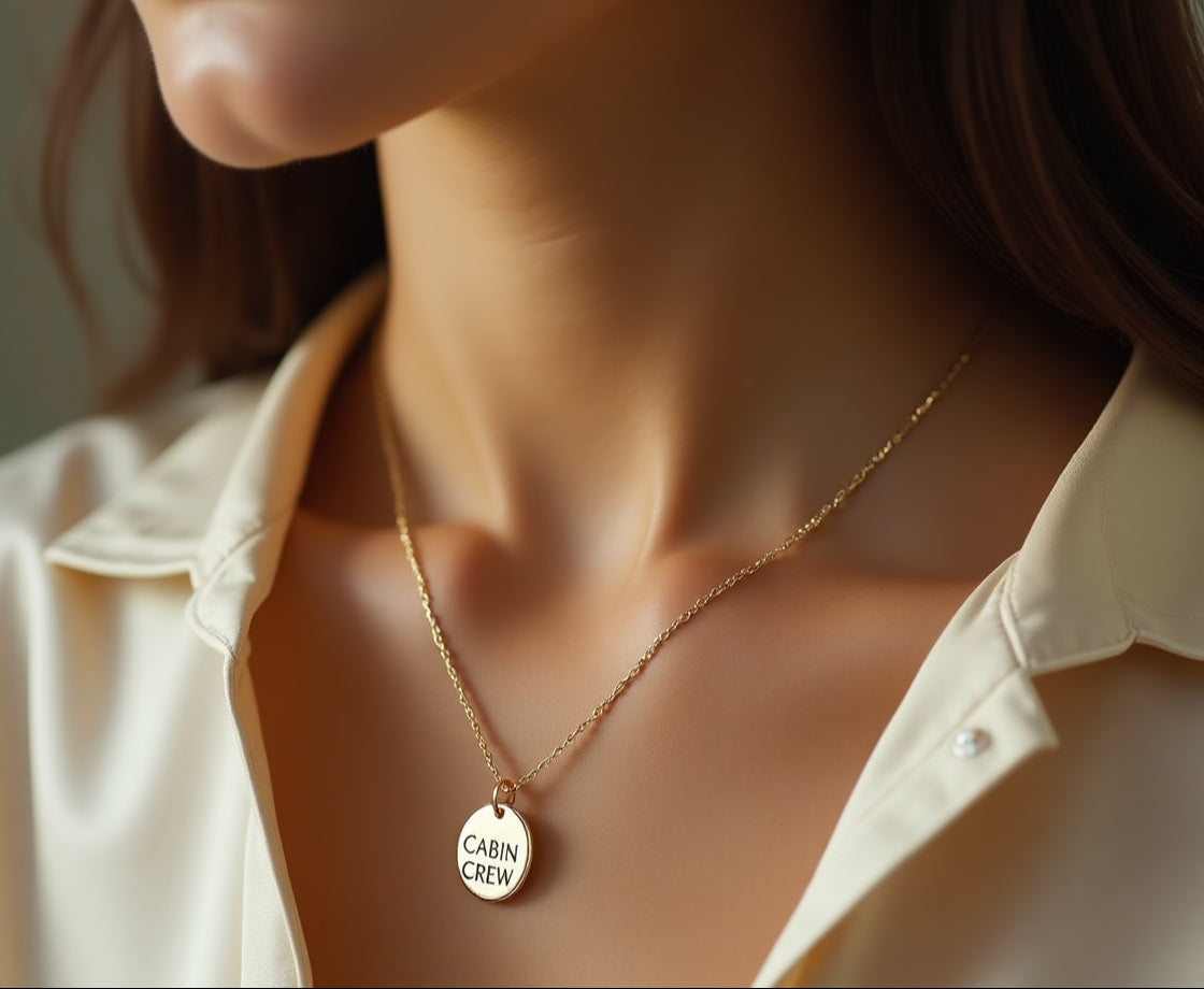 Close-up of a person wearing a gold necklace with a 'Cabin Crew' pendant.