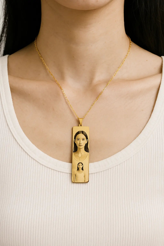 Lustre of Love gold bar pendant necklace worn on a white ribbed tank top