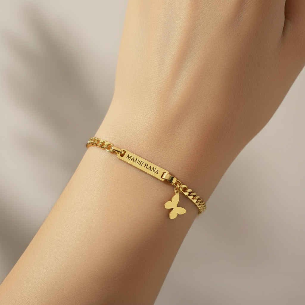 Lustre of Love gold chain butterfly bracelet with personalized nameplate and delicate charm