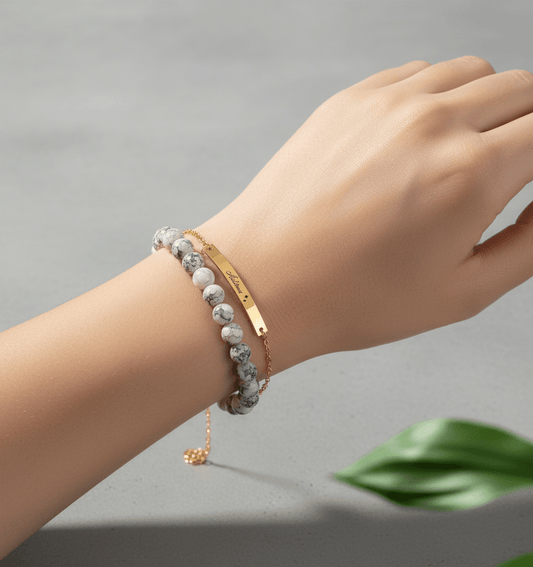 Lustre of Love personalized gold bar bracelet with engraved name and beaded accents