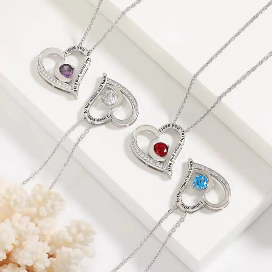 Silver moon and heart pendant necklaces with colorful gemstones and engraved love messages
