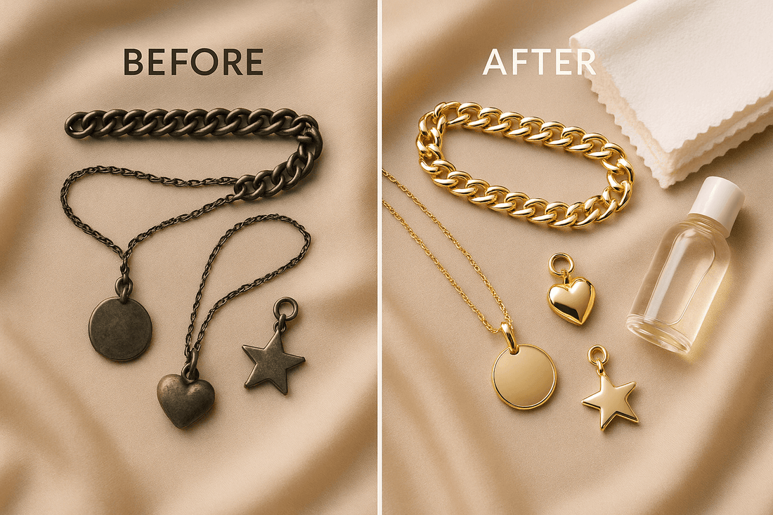 Comparison of jewellery tarnishes before and after cleaning showing dull and shiny gold pieces