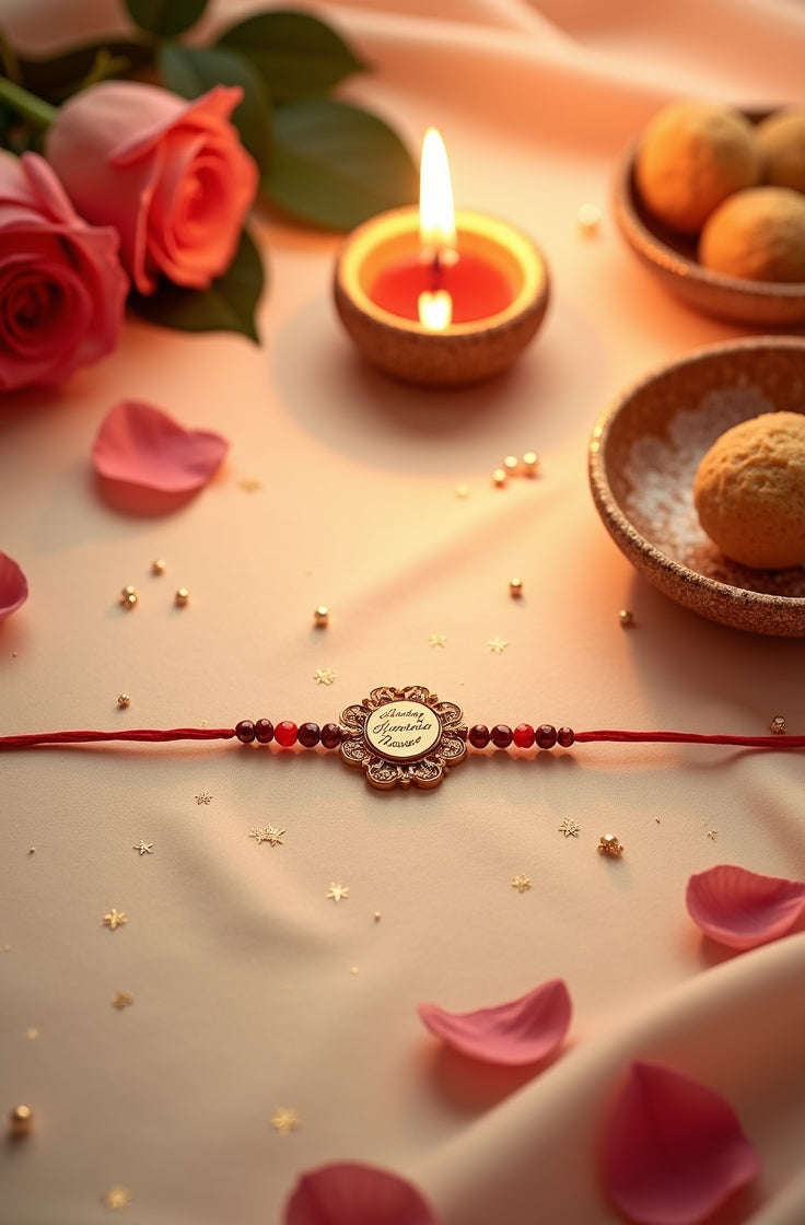 Elegant raksha bandhan bracelet with red beads surrounded by rose petals, a lit candle, and traditional sweets