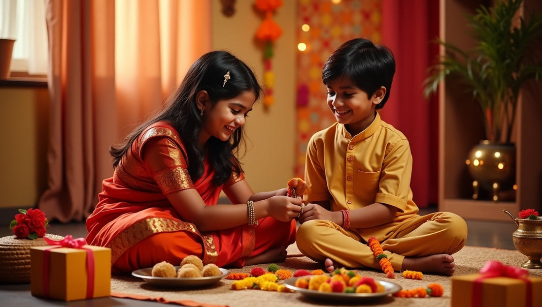 Sister tying rakhi on brother's wrist celebrating raksha bandhan gifts with festive decorations and sweets
