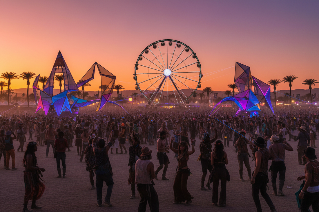 Vibrant Coachella festival scene with crowds, colourful structures, and a giant ferris wheel at sunset