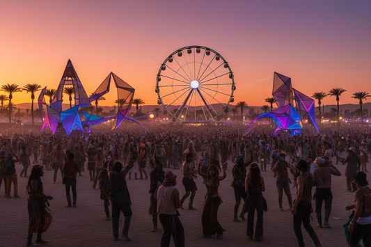 Vibrant Coachella festival scene with crowds, colourful structures, and a giant ferris wheel at sunset