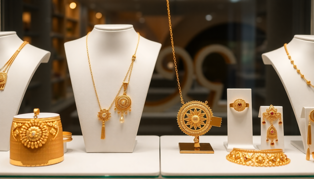 A comparison of gold and gold plated jewelry on display