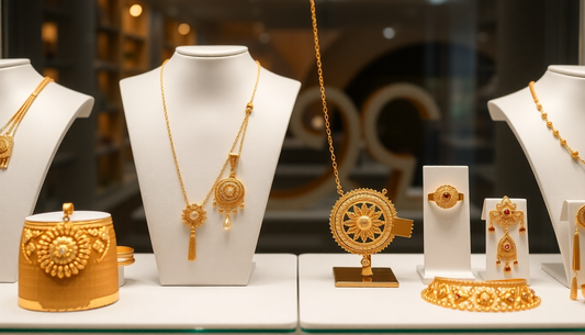 A comparison of gold and gold plated jewelry on display
