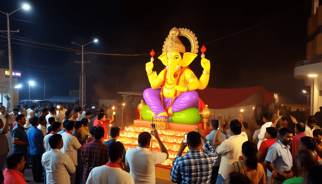 hundreds of people doing aarti from front of big Ganesh idol on road 