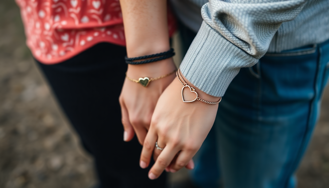 A couple wearing bracelets on both of their hand with a half heart engraved on their bracelet