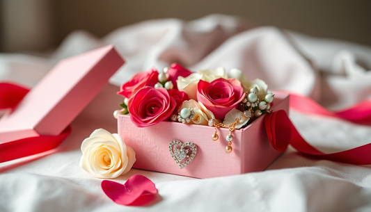 A romantic gift box with flowers and jewelry