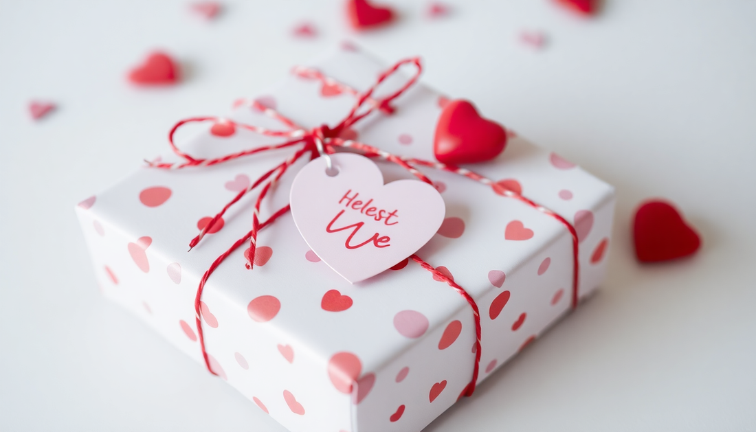 A beautifully wrapped Valentine gift with a heart tag