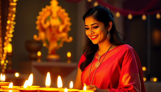 Realistic happy modern woman wearing salwar suit and small pendant in diwali aarti of laxmi and there are diyas everywhere