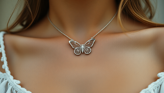 A delicate butterfly pendant necklace on a woman