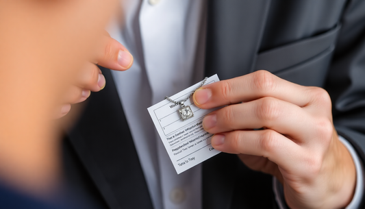 A person examining stainless steel jewelry with a warranty card