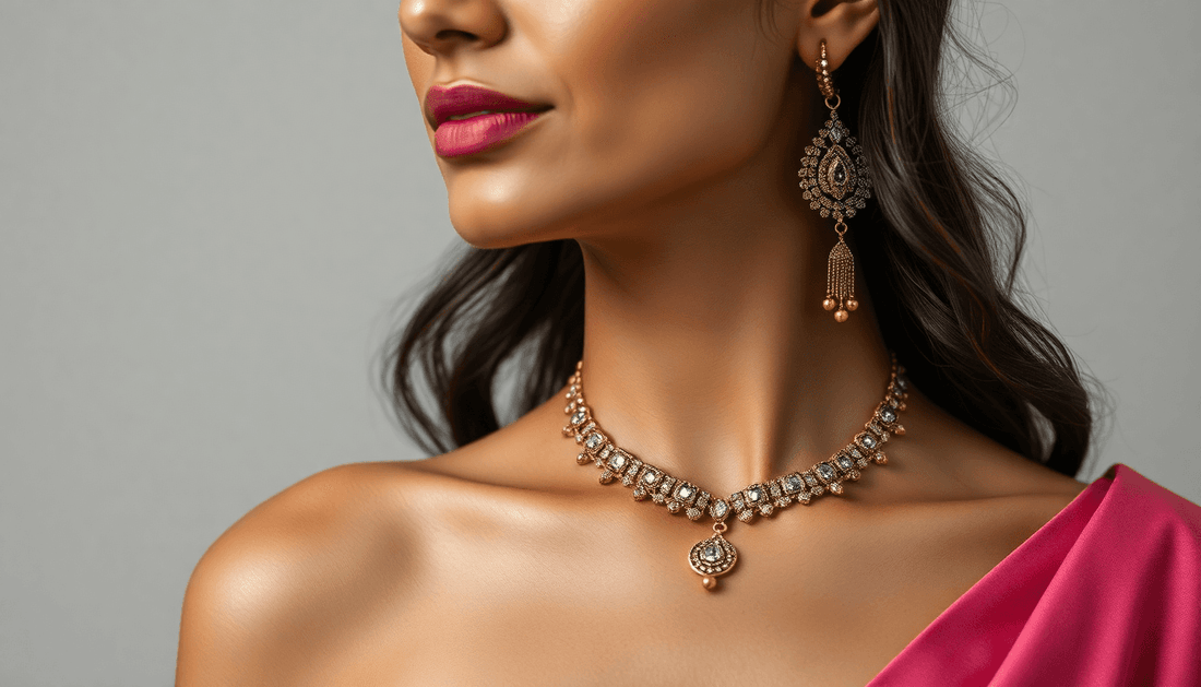 Elegant model showcasing hypoallergenic & anti-tarnish jewelry, featuring a stunning necklace and earrings