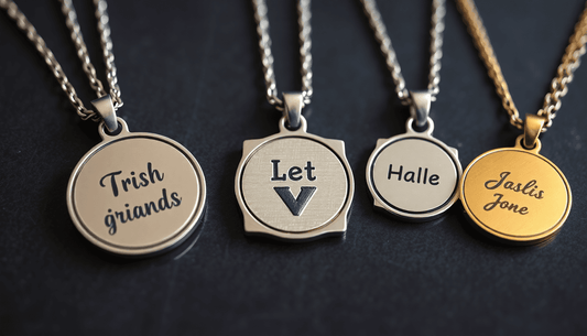 Personalised necklaces featuring engraved designs made of 316L Stainless Steel