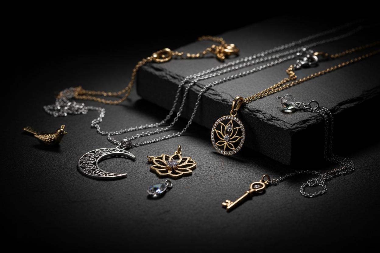 Elegant collection of stainless steel women's necklaces featuring diverse pendants and intricate designs