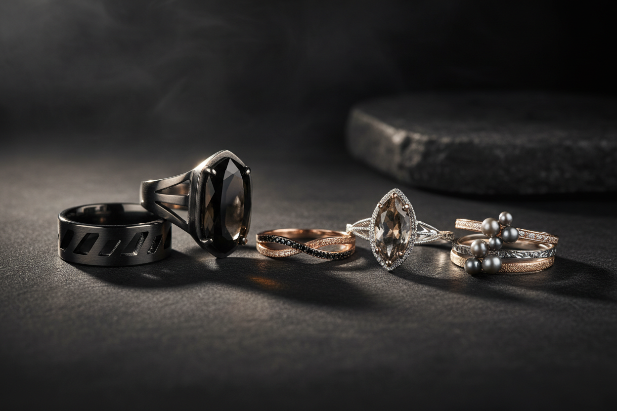 Elegant collection of stainless steel rings for women featuring various designs and finishes