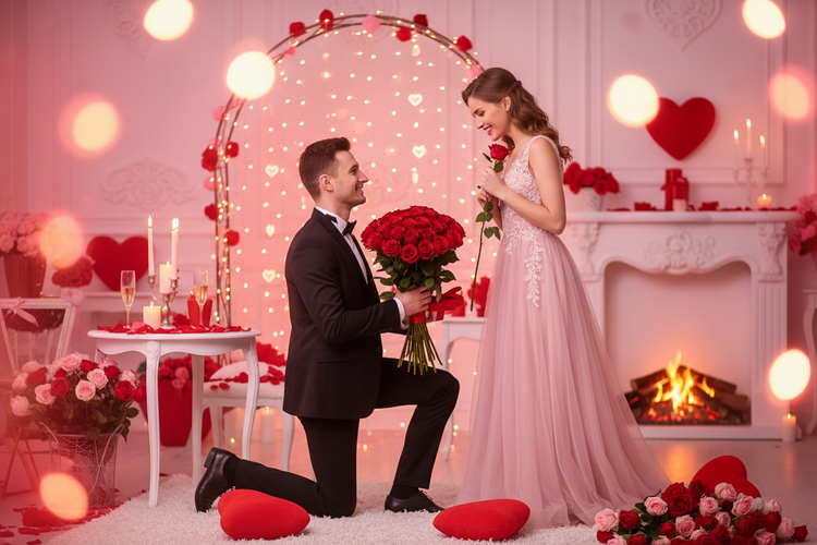 Romantic setting featuring a man proposing with roses, perfect for showcasing Valentine's jewellery for men