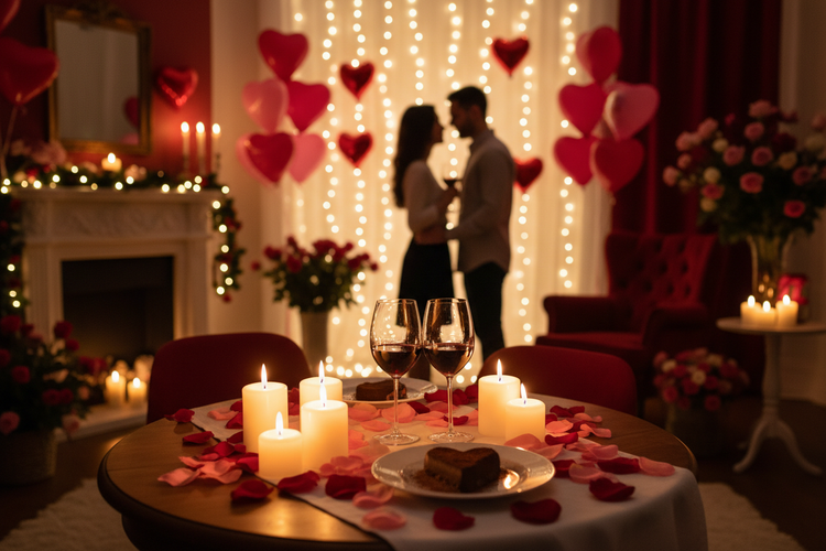 Romantic setting with candles and wine for celebrating Valentine's jewellery for women