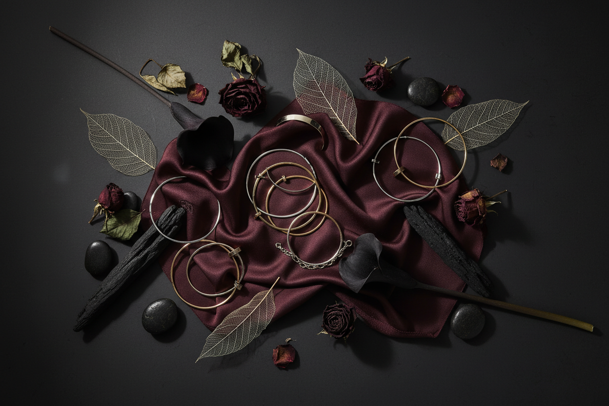 Elegant display of women's stainless steel bracelets arranged on a dark fabric with natural elements