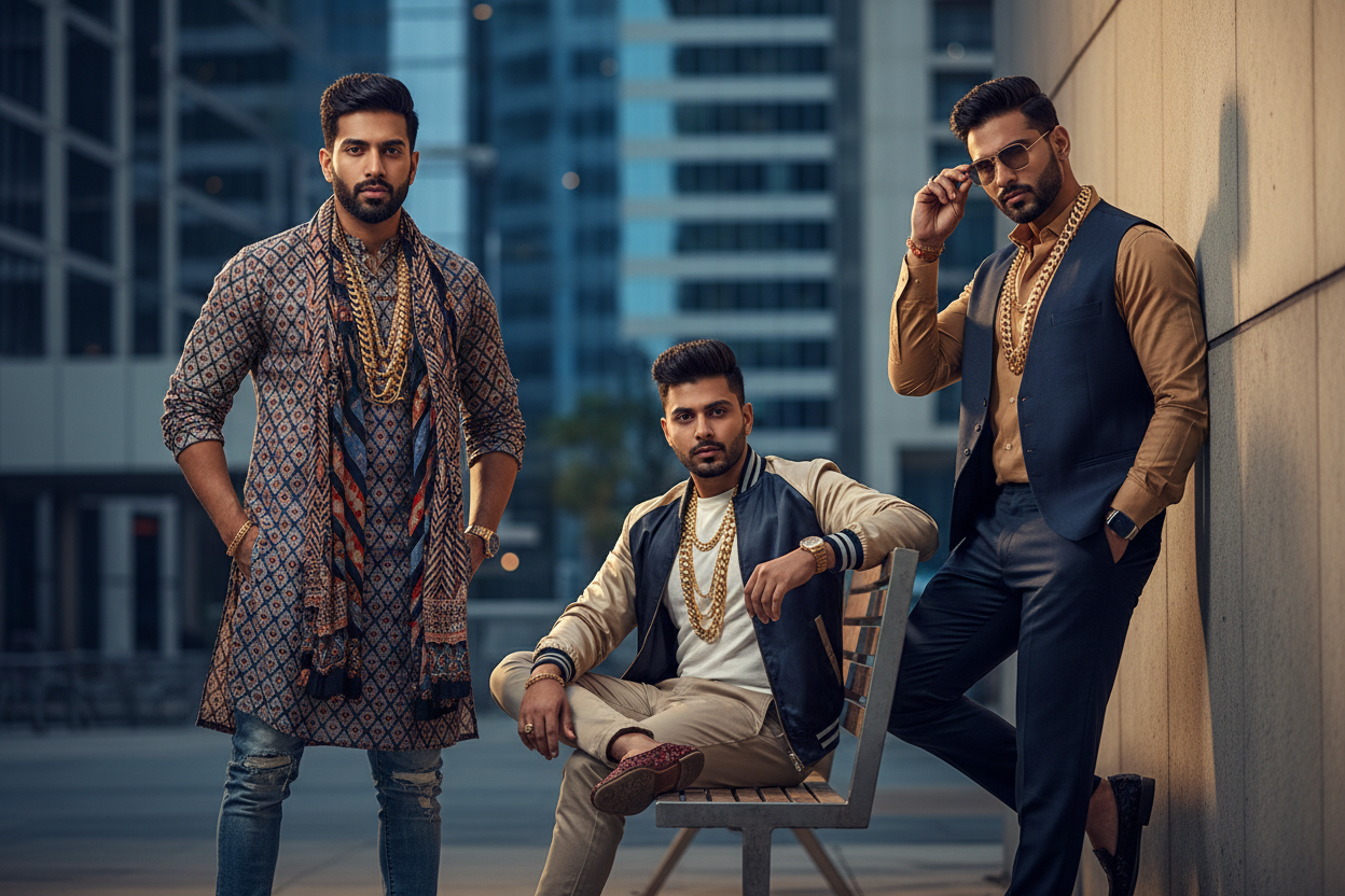 Three stylish men showcasing men's stainless steel chains in an urban setting with fashionable outfits