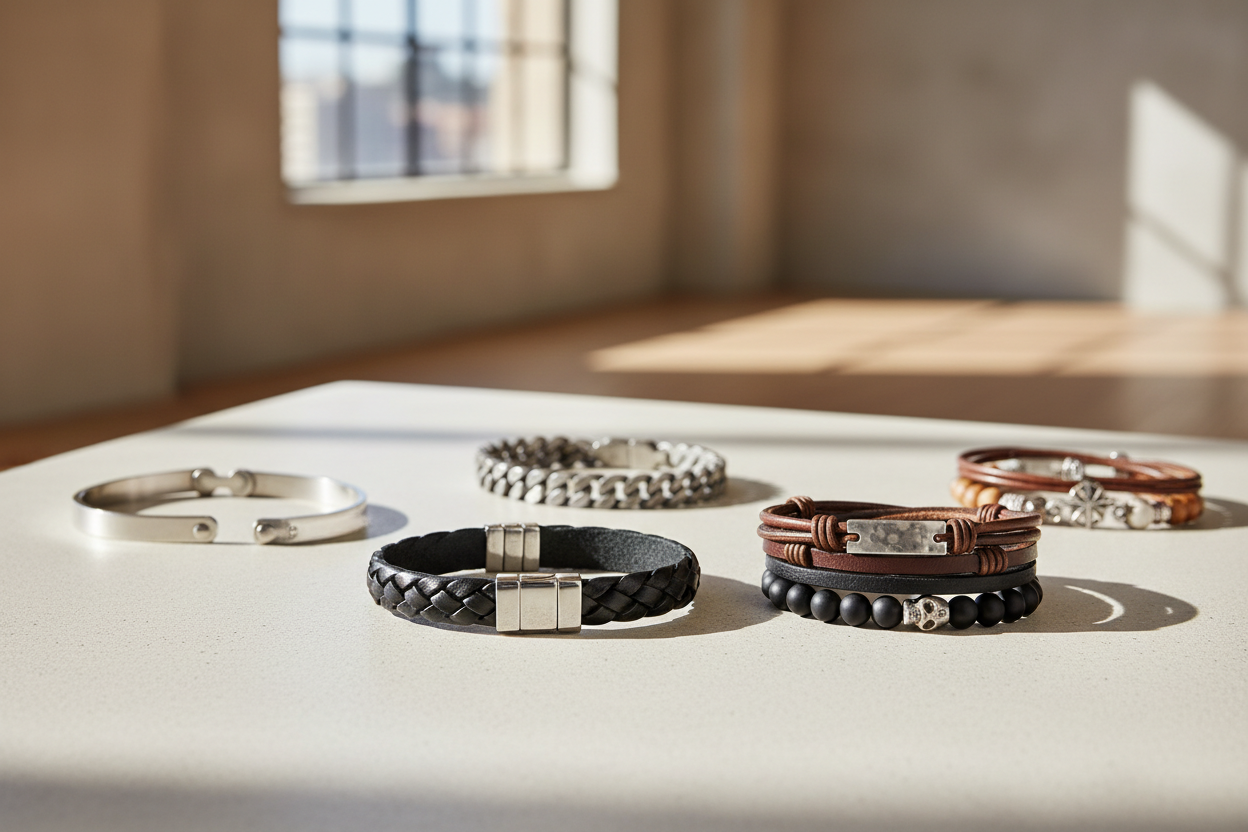 Stylish collection of men's stainless steel bracelet and leather bracelets on a minimalist table