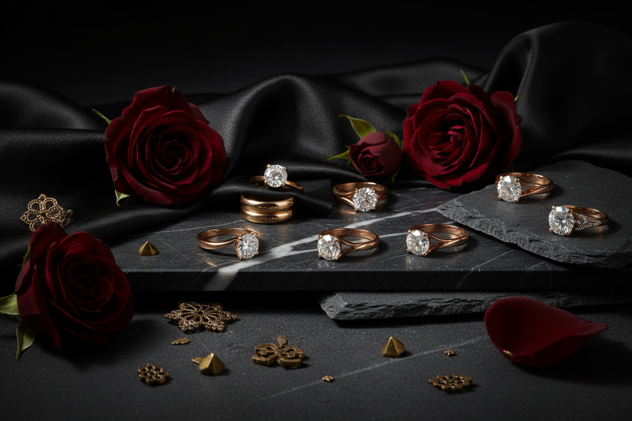 Elegant display of women's stainless steel rings adorned with sparkling gems and surrounded by roses