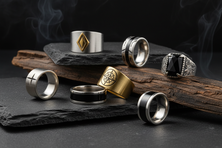 Stylish men's stainless steel rings displayed on slate with intricate designs and metallic finishes
