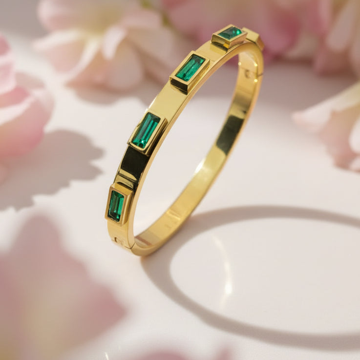 18k gold plated green zircon bangle with elegant rectangular stones and a shiny finish