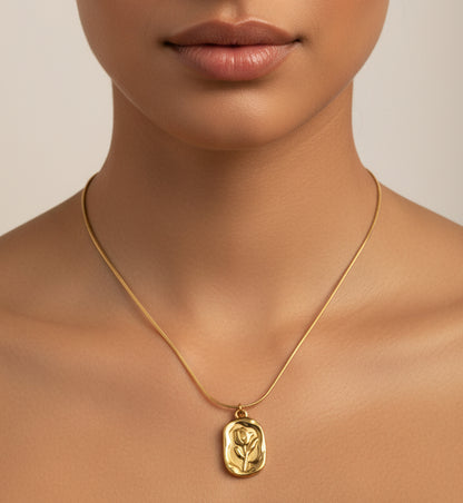 Lustre of Love 18k gold plated rose pendant necklace showcased on a model for elegant styling.