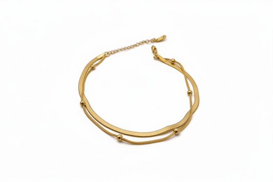 Dual-layer 18k Gold-Plated Stainless Steel Bracelet with a Snake Chain Design and floating beads