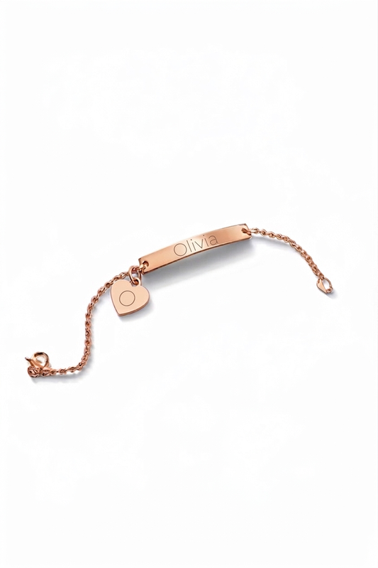 Rose Gold Engraved Bar Bracelet with Heart Charm Stainless Steel 316L