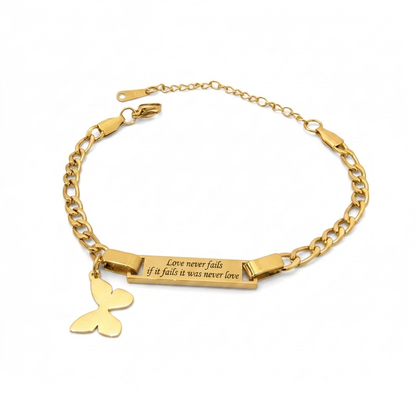 Customizable Gold ID Bracelet with Butterfly Charm Stainless Steel 316L