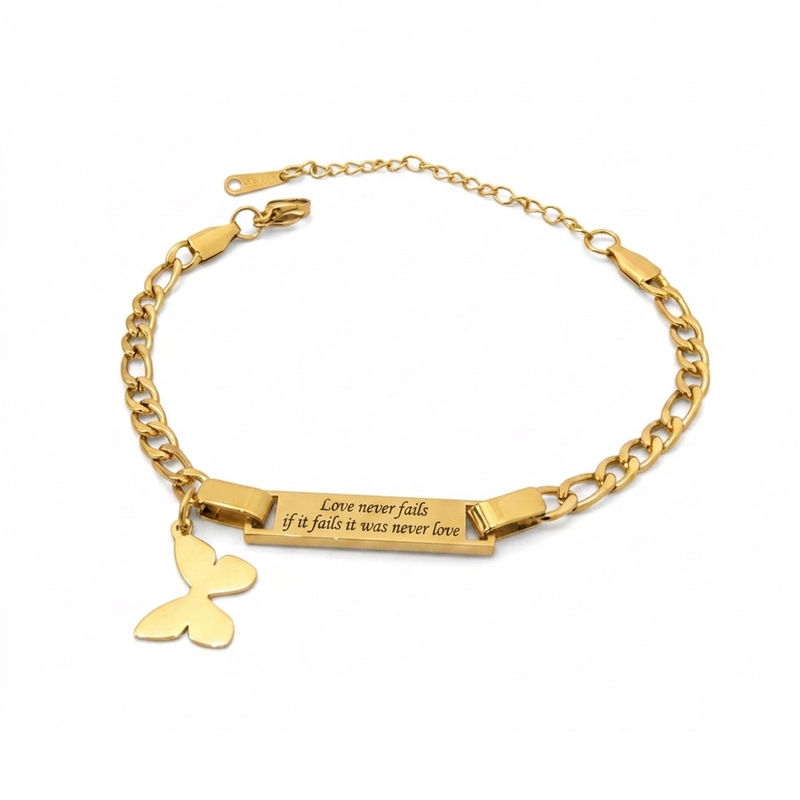 Customizable Gold ID Bracelet with Butterfly Charm Stainless Steel 316L