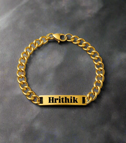 Lustre of Love personalized gold bar bracelet with engraved name Hrithik on curb chain