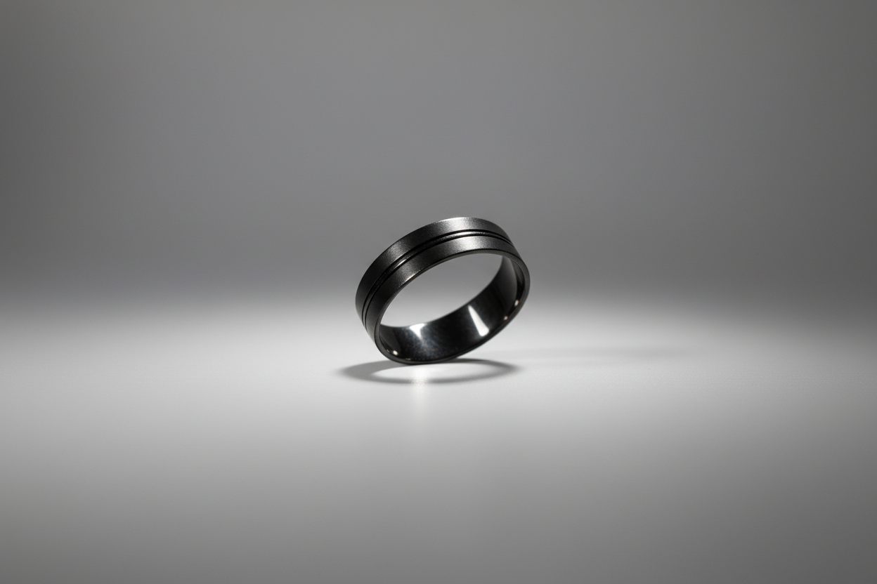 Black stainless steel ring with a sleek, modern design featuring two horizontal grooves