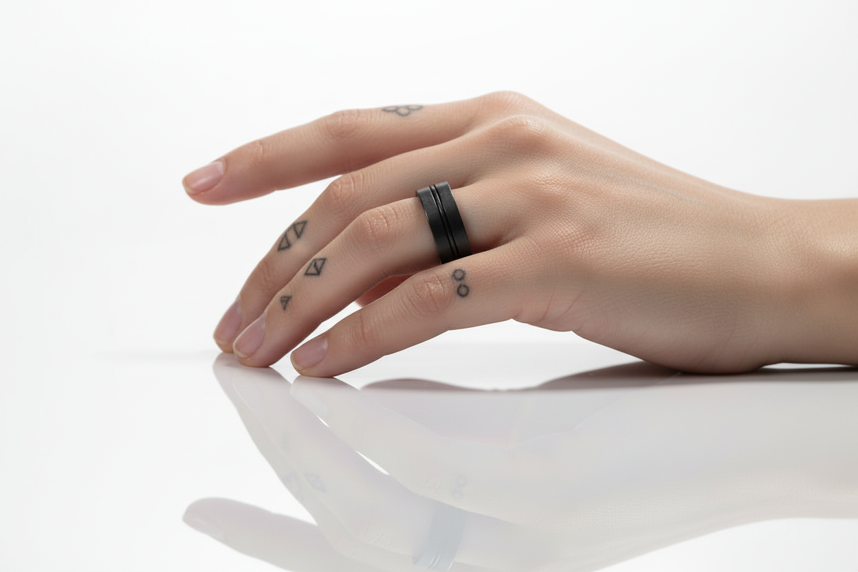 Stylish black stainless steel ring displayed on a hand with tattoos for a modern look