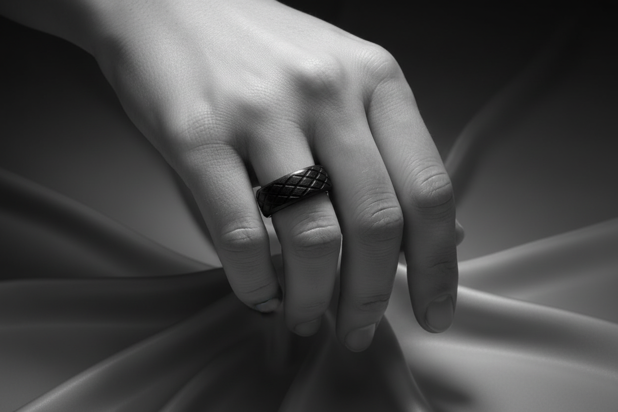 Elegant black stainless steel ring displayed on a hand with a textured design for sophisticated style