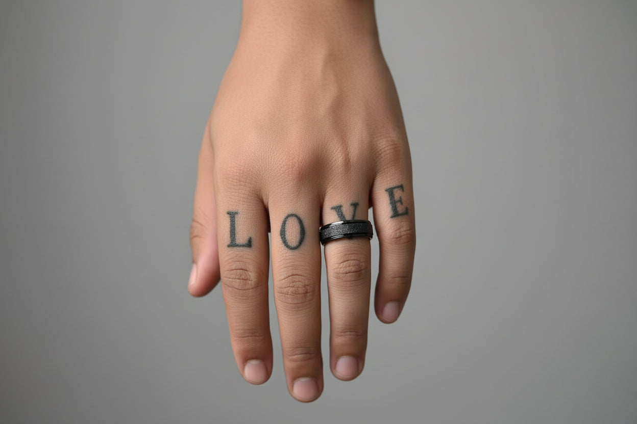Lustre of Love black stainless steel ring worn on hand with love tattoo