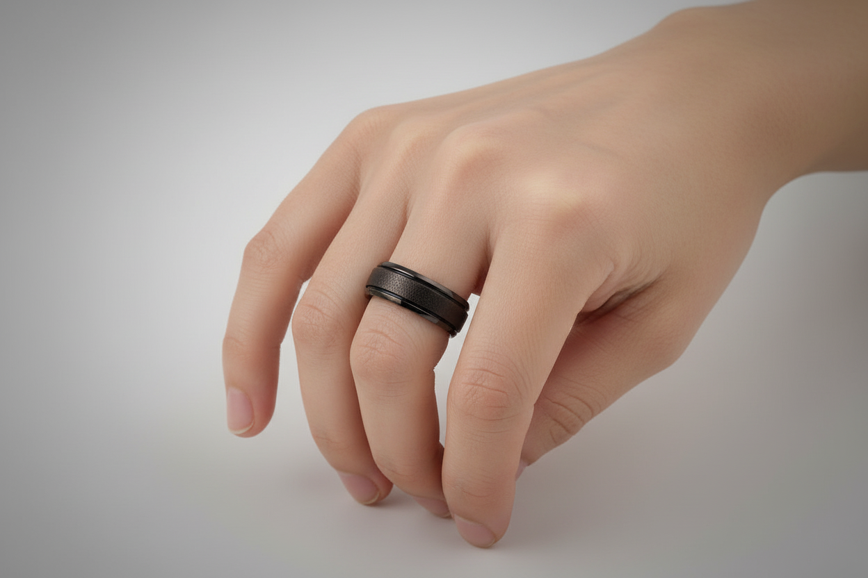 Elegant black stainless steel ring displayed on a hand, showcasing its sleek design