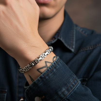 Stylish Byzantine Chain Bracelet in Silver worn on a wrist with a denim jacket