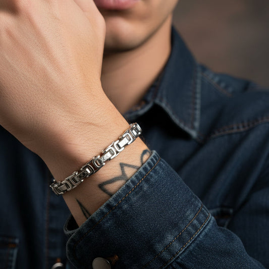 Stylish Byzantine Chain Bracelet in Silver worn on a wrist with a denim jacket