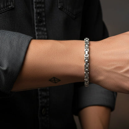 Lustre of Love Byzantine Chain Bracelet on a wrist, showcasing its sleek and stylish design