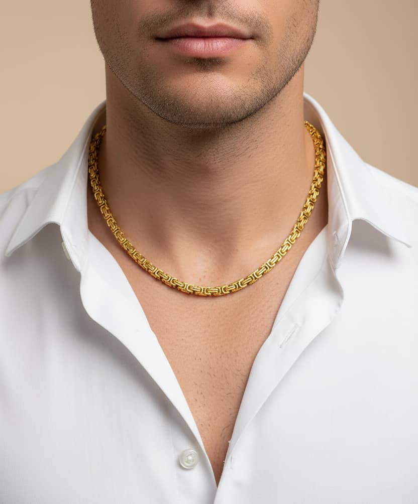 Lustre of Love Byzantine Gold Chain showcased on a model's neck against a neutral background