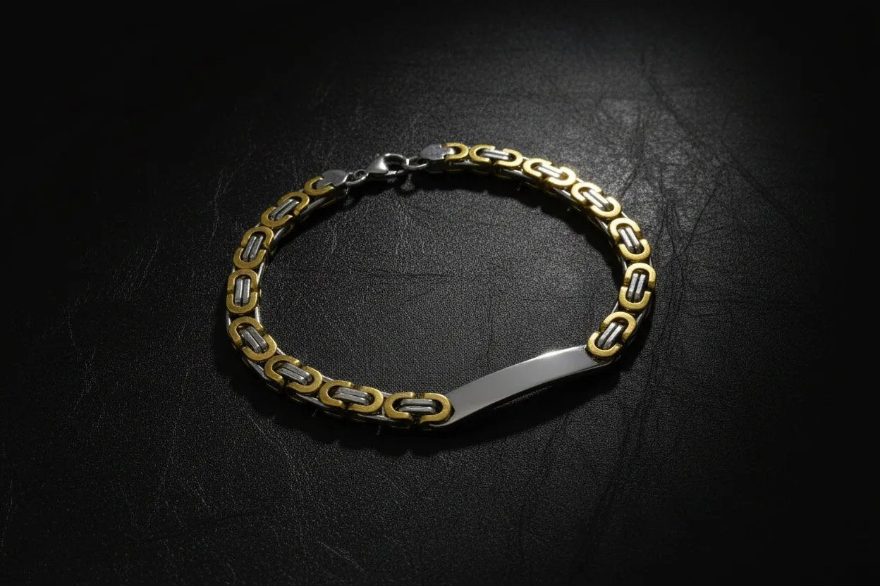 Elegant dual tone byzantine bracelet with mixed gold and silver links for a stylish look